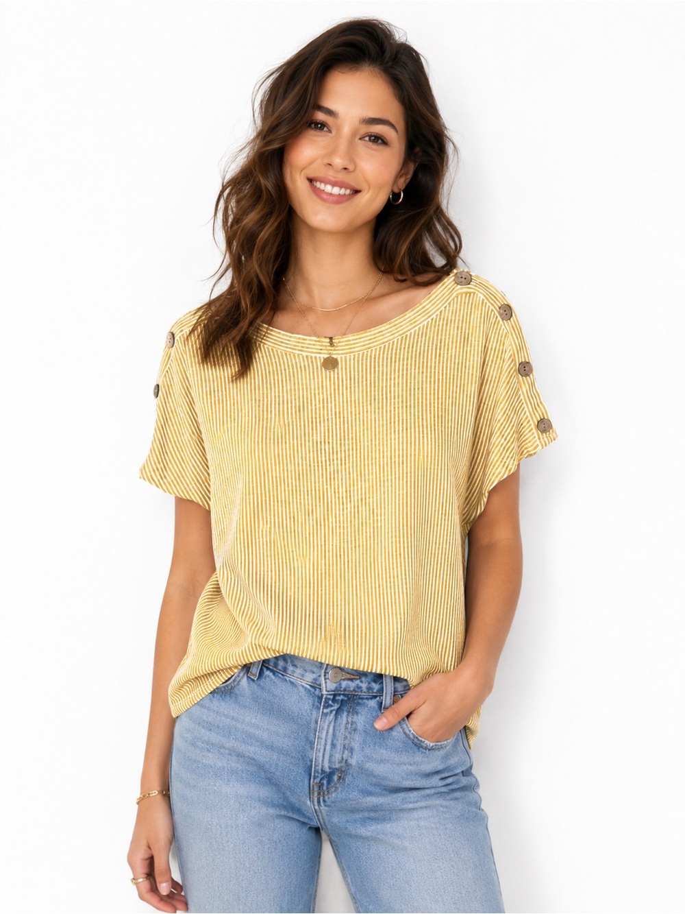 🌺 W5 Gold & White Striped Oversized Top